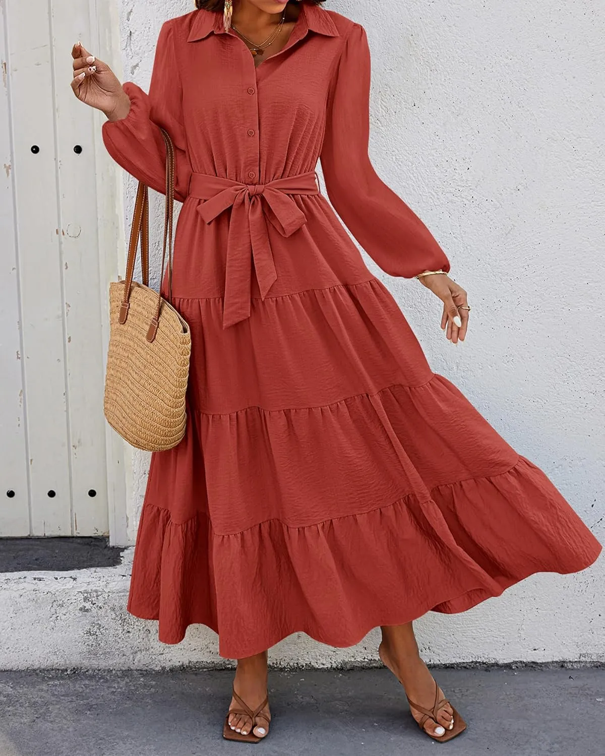 dowerme Women's Long Sleeve Dress 2025 Button Down Belted A-Line Flowy Fall Outfits Ruffle Maxi Holiday Party Dresses