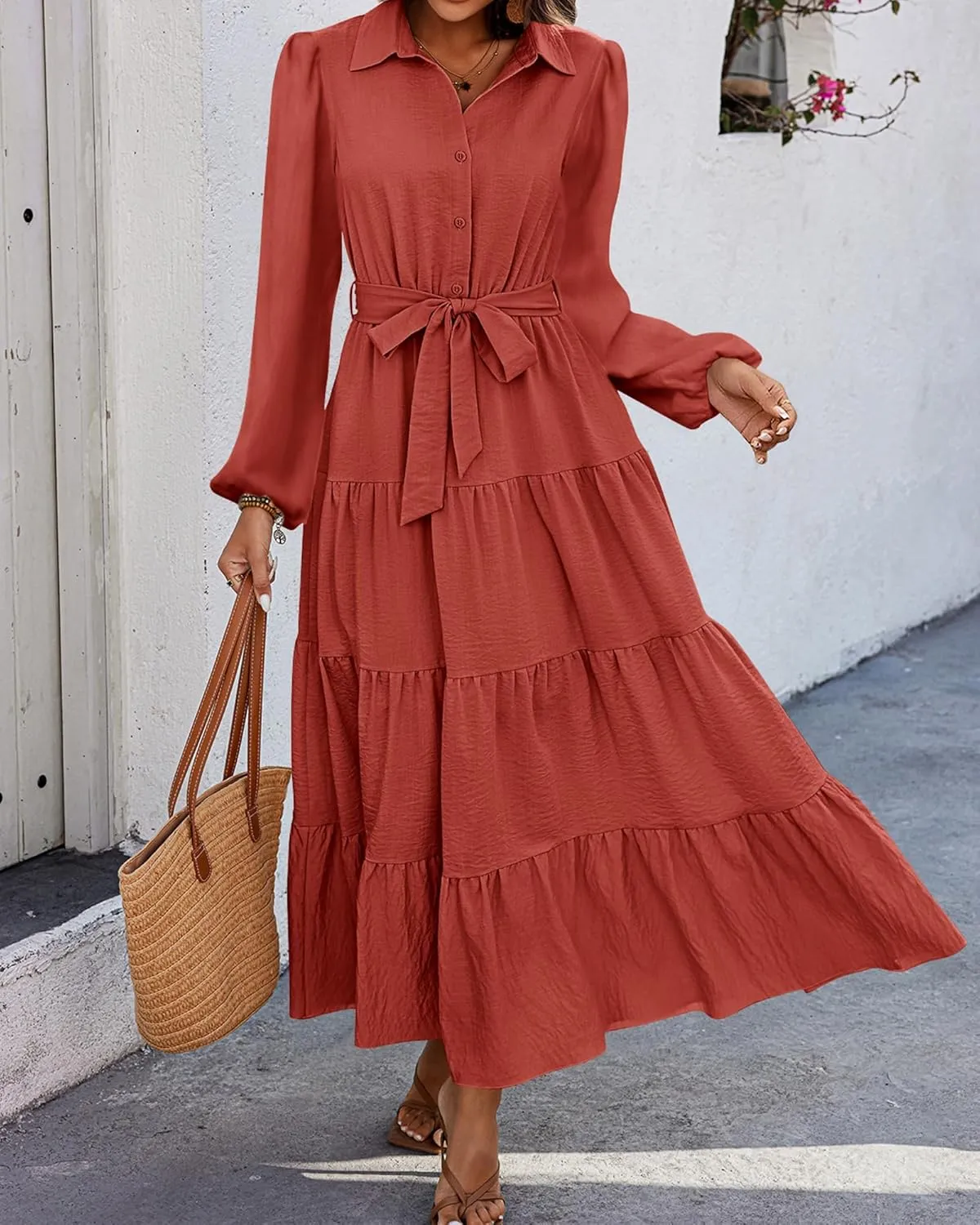 dowerme Women's Long Sleeve Dress 2025 Button Down Belted A-Line Flowy Fall Outfits Ruffle Maxi Holiday Party Dresses