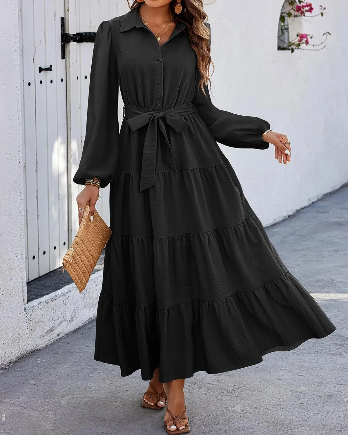 dowerme Women's Long Sleeve Dress 2025 Button Down Belted A-Line Flowy Fall Outfits Ruffle Maxi Holiday Party Dresses