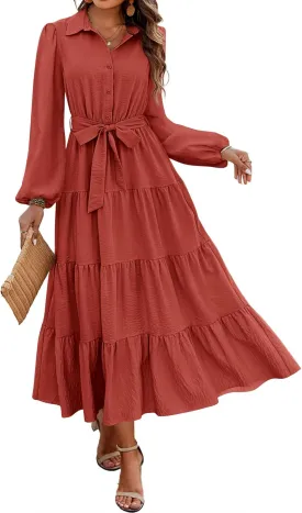 dowerme Women's Long Sleeve Dress 2025 Button Down Belted A-Line Flowy Fall Outfits Ruffle Maxi Holiday Party Dresses