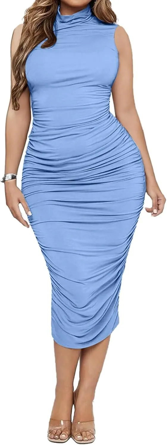 Ekaliy Women's Ruched Bodycon Midi Dress Sexy Mock Neck Sleeveless Pencil Dresses