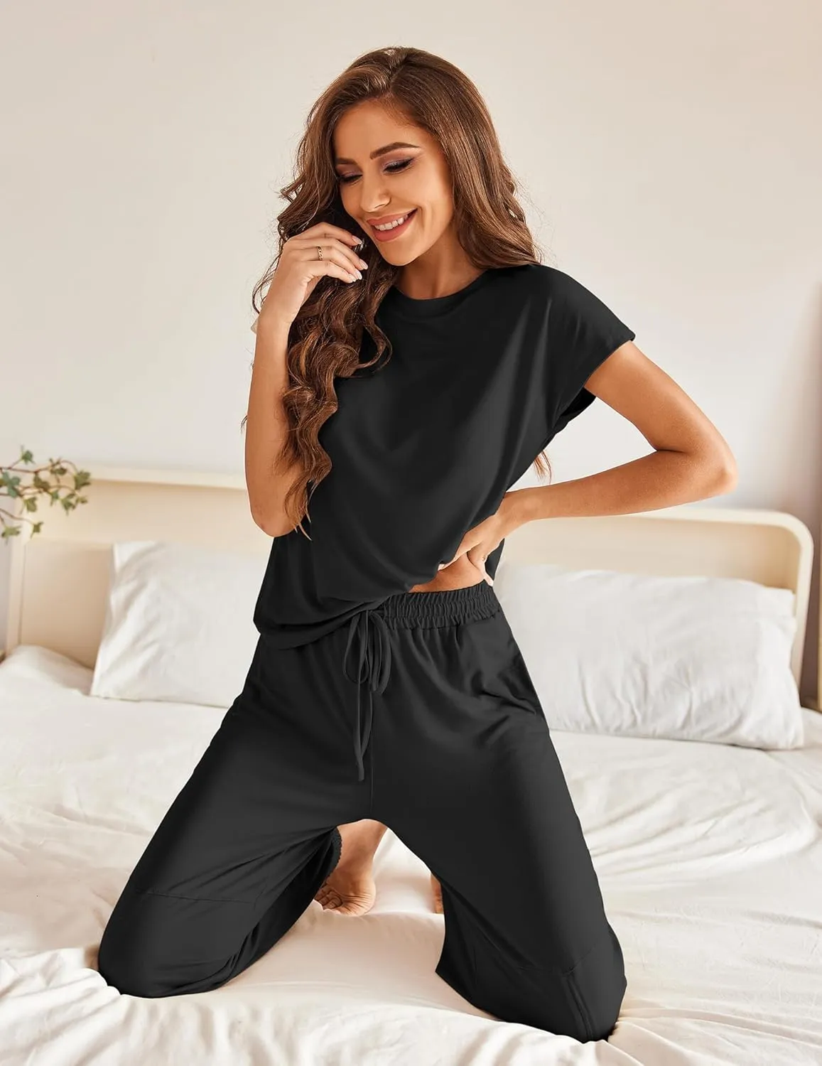 Ekouaer Pajamas for Women 2 Piece Lounge Sets Cap Sleeve Loungewear Top with Joggers Pants S-XXL