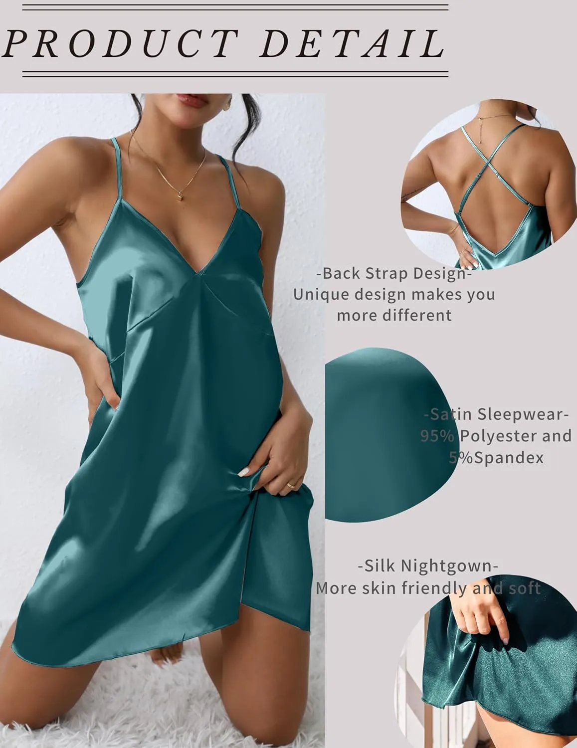 Ekouaer Satin Nightgown Silk Full Slip Dress Woman Sleepwear Lingerie Dress Silk Mini Slip Chemise Nightgown S-XXL