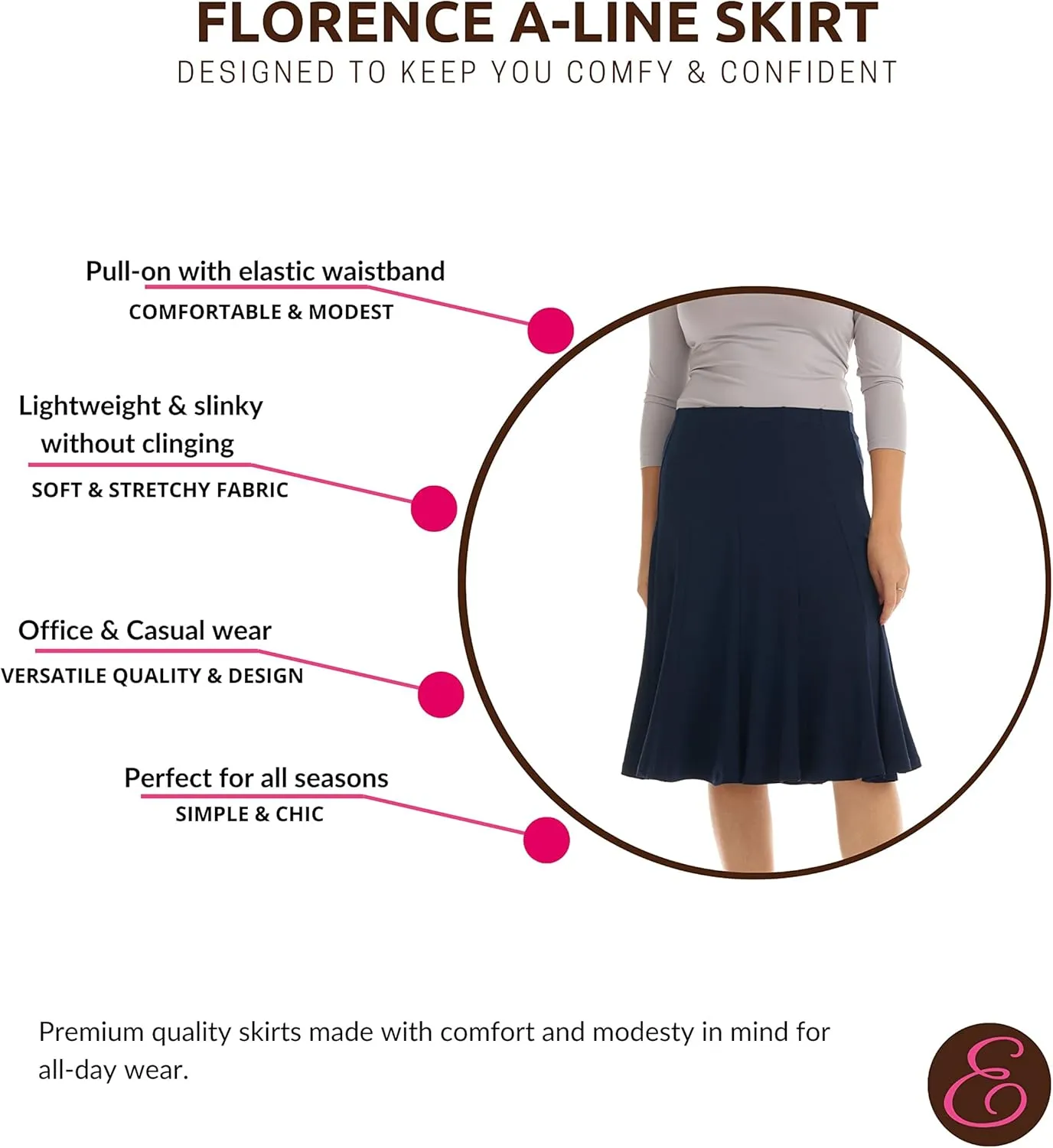 ESTEEZ Stretchy A-Line Skirt for Women - Knee Length/Midi