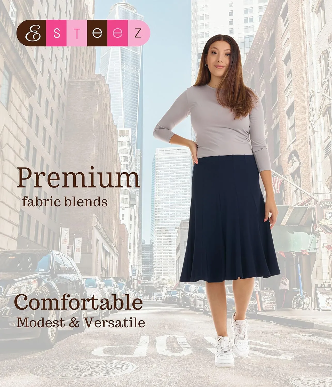 ESTEEZ Stretchy A-Line Skirt for Women - Knee Length/Midi