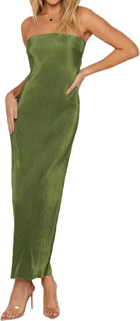 Faretumiya Strapless Skinny Maxi Dress Women Basic Sleeveless Tube Tie Back Midi Dress Ribbed Solid A-line Formal Dress