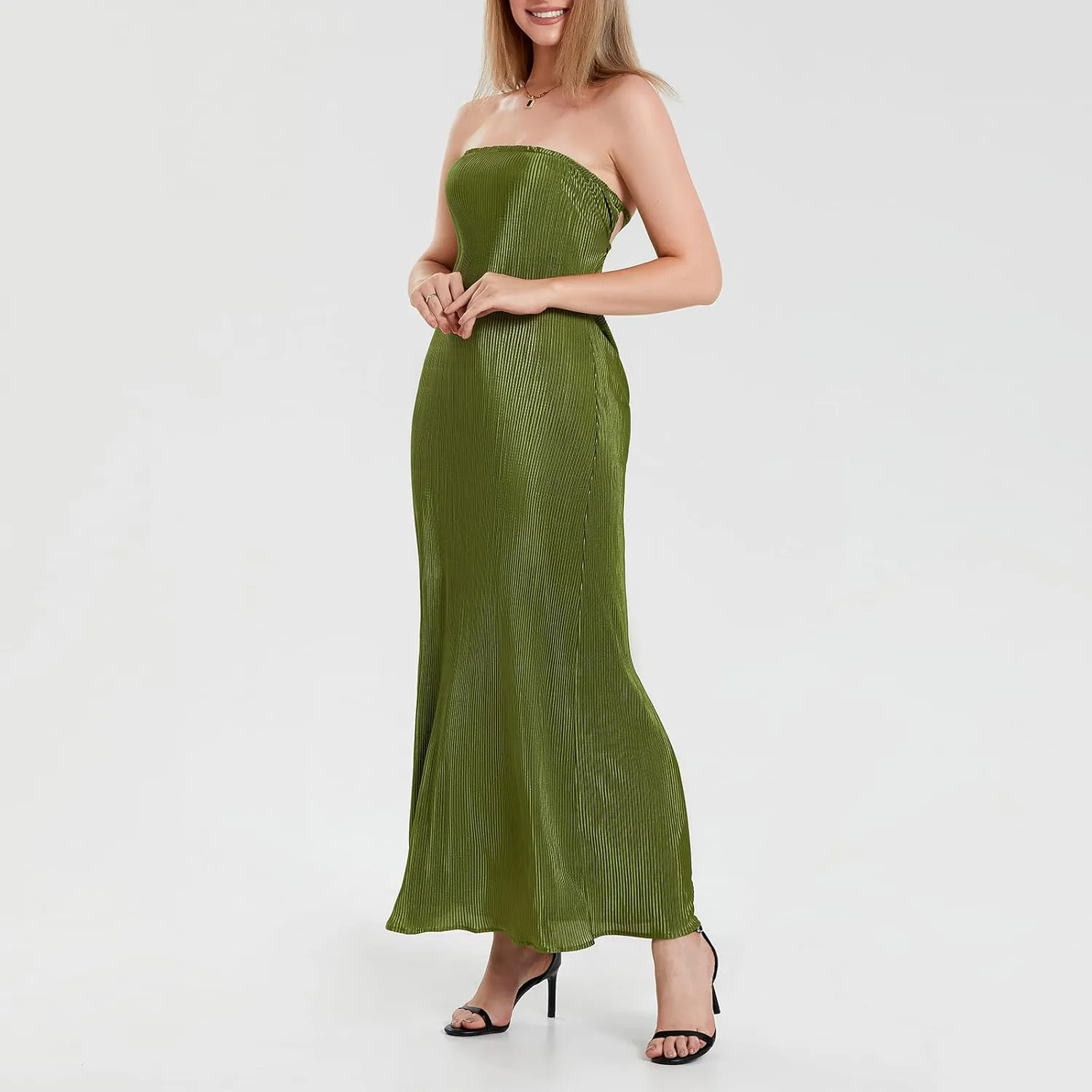 Faretumiya Strapless Skinny Maxi Dress Women Basic Sleeveless Tube Tie Back Midi Dress Ribbed Solid A-line Formal Dress