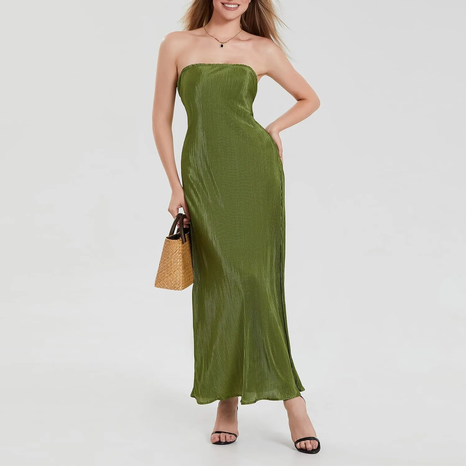 Faretumiya Strapless Skinny Maxi Dress Women Basic Sleeveless Tube Tie Back Midi Dress Ribbed Solid A-line Formal Dress