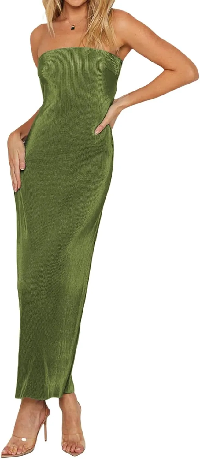 Faretumiya Strapless Skinny Maxi Dress Women Basic Sleeveless Tube Tie Back Midi Dress Ribbed Solid A-line Formal Dress