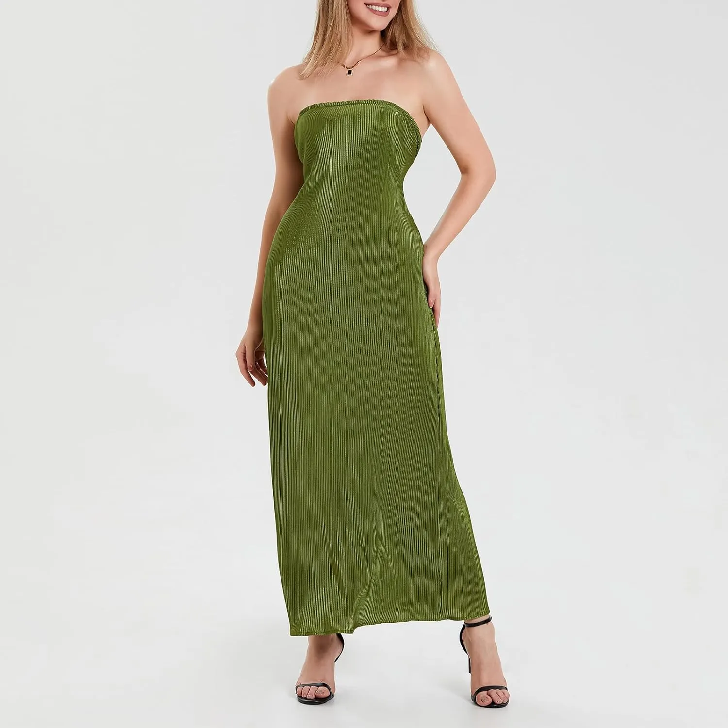 Faretumiya Strapless Skinny Maxi Dress Women Basic Sleeveless Tube Tie Back Midi Dress Ribbed Solid A-line Formal Dress