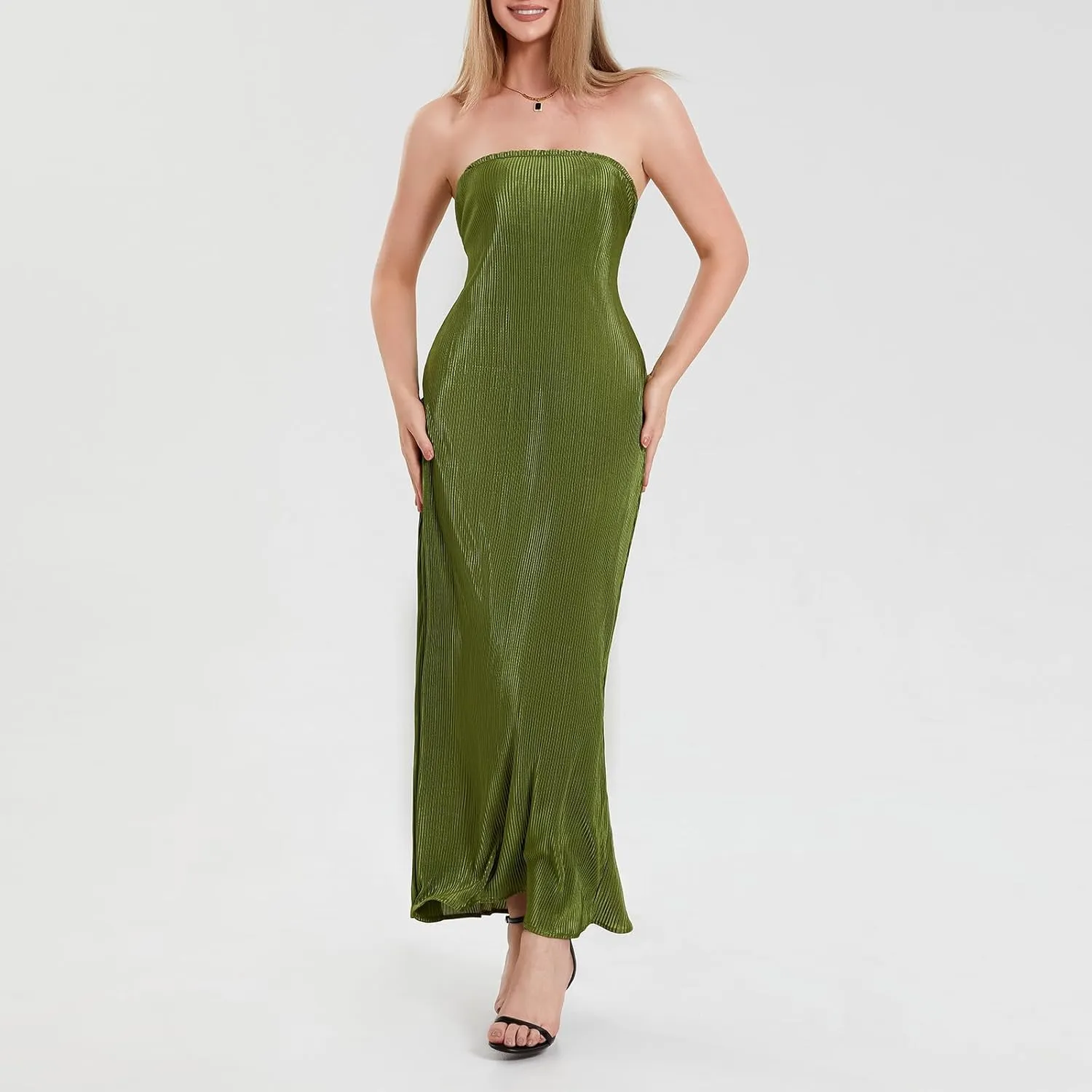 Faretumiya Strapless Skinny Maxi Dress Women Basic Sleeveless Tube Tie Back Midi Dress Ribbed Solid A-line Formal Dress