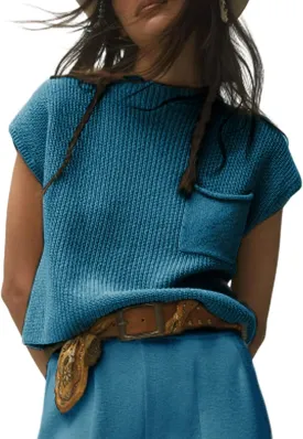 Fiona Jolin Women's Sleeveless Knit Sweater Vest Vintage Cap Sleeve Casual Mock Neck Tank Top with Front Pocket