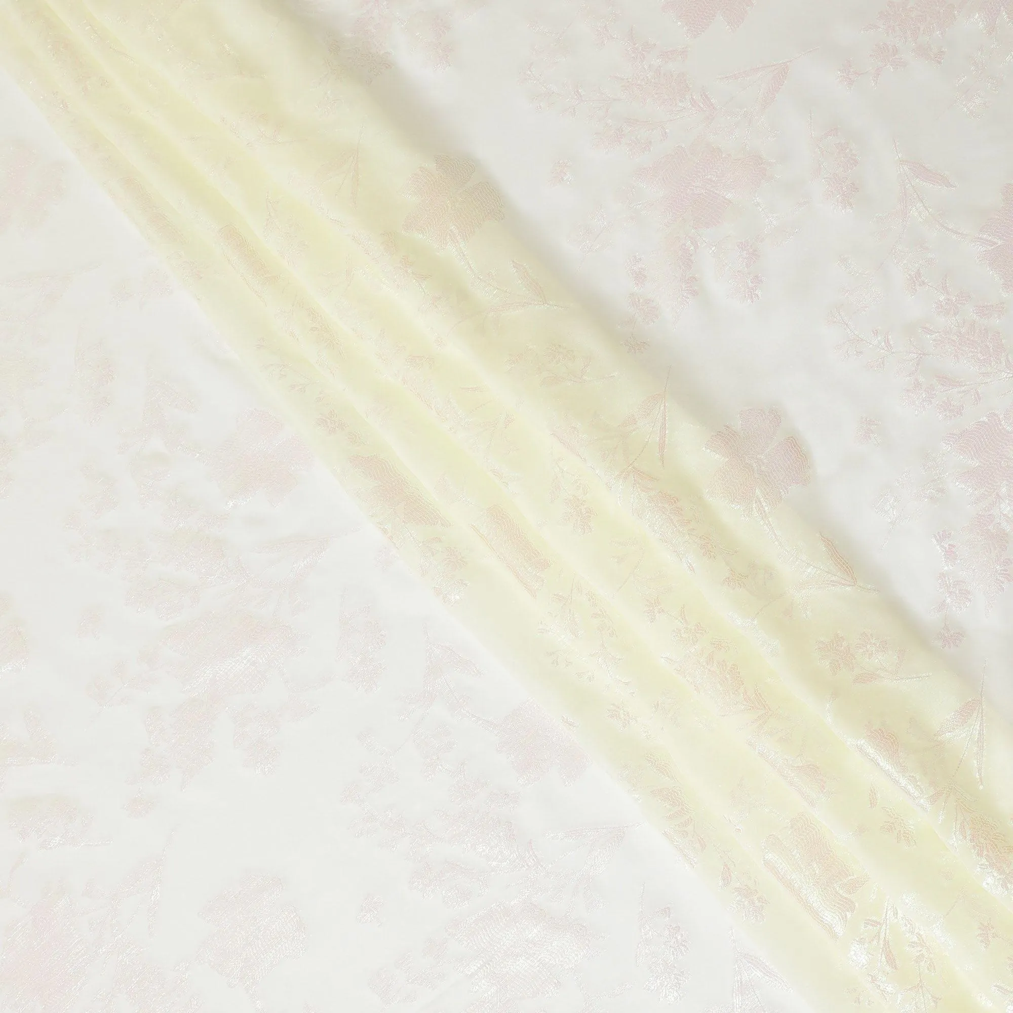 Flax yellow Premium pure silk chiffon fabric with same tone and neon green metallic lurex in floral design-D13895