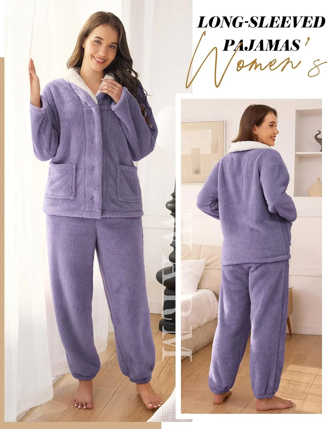 Fluffy Pajamas Set for Women Fleece Pjs Sets Button Down Sleepwear Pullover Fuzzy Pants Winter Plush Loungewear