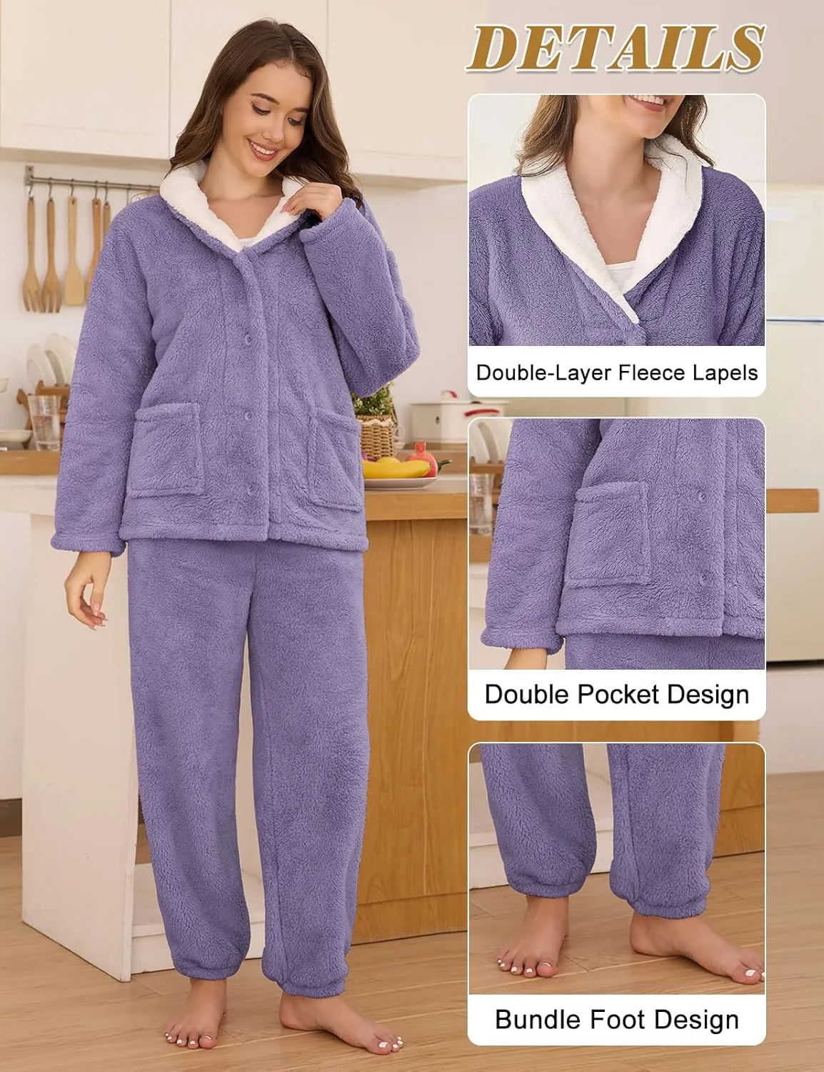 Fluffy Pajamas Set for Women Fleece Pjs Sets Button Down Sleepwear Pullover Fuzzy Pants Winter Plush Loungewear