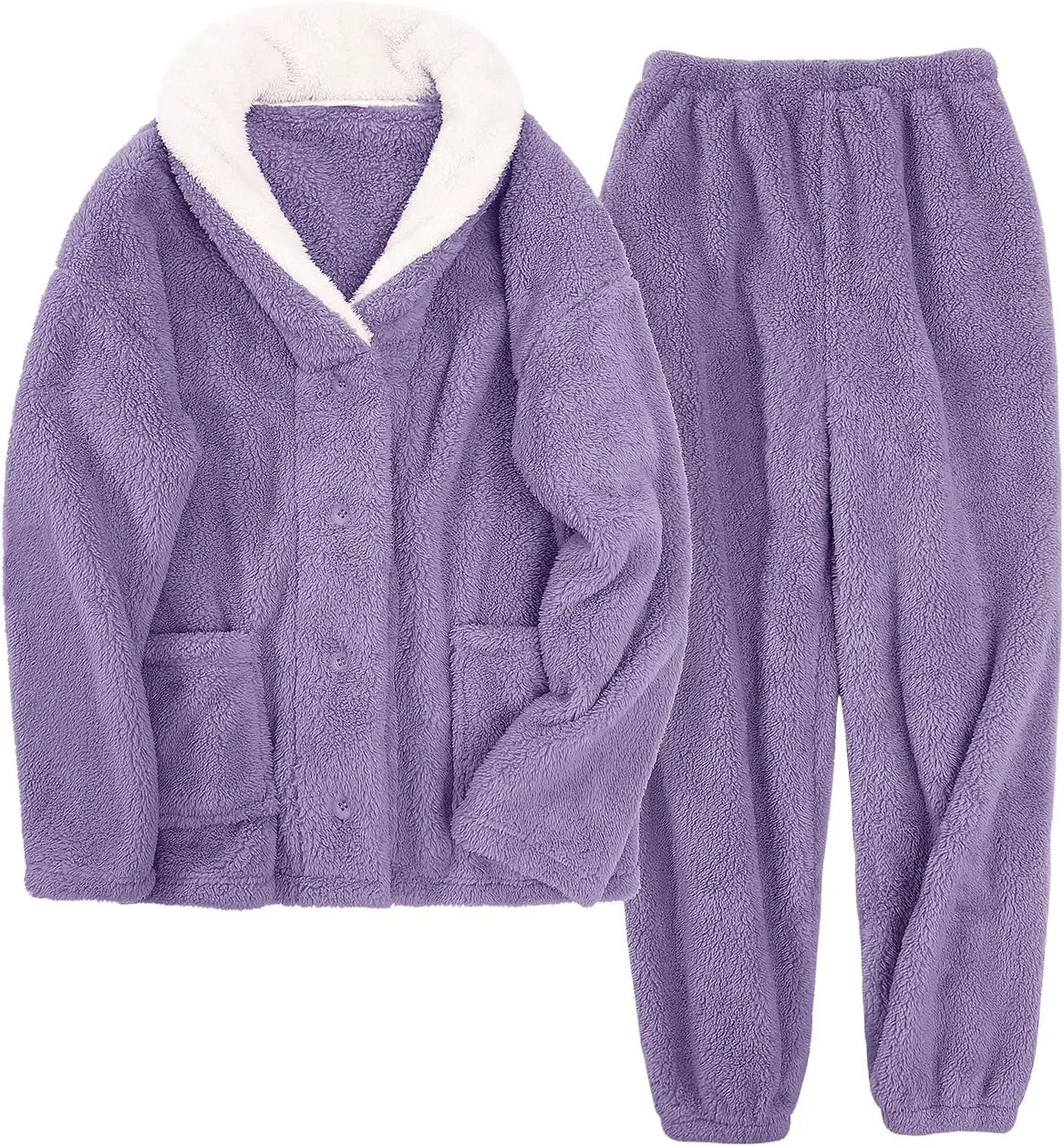 Fluffy Pajamas Set for Women Fleece Pjs Sets Button Down Sleepwear Pullover Fuzzy Pants Winter Plush Loungewear