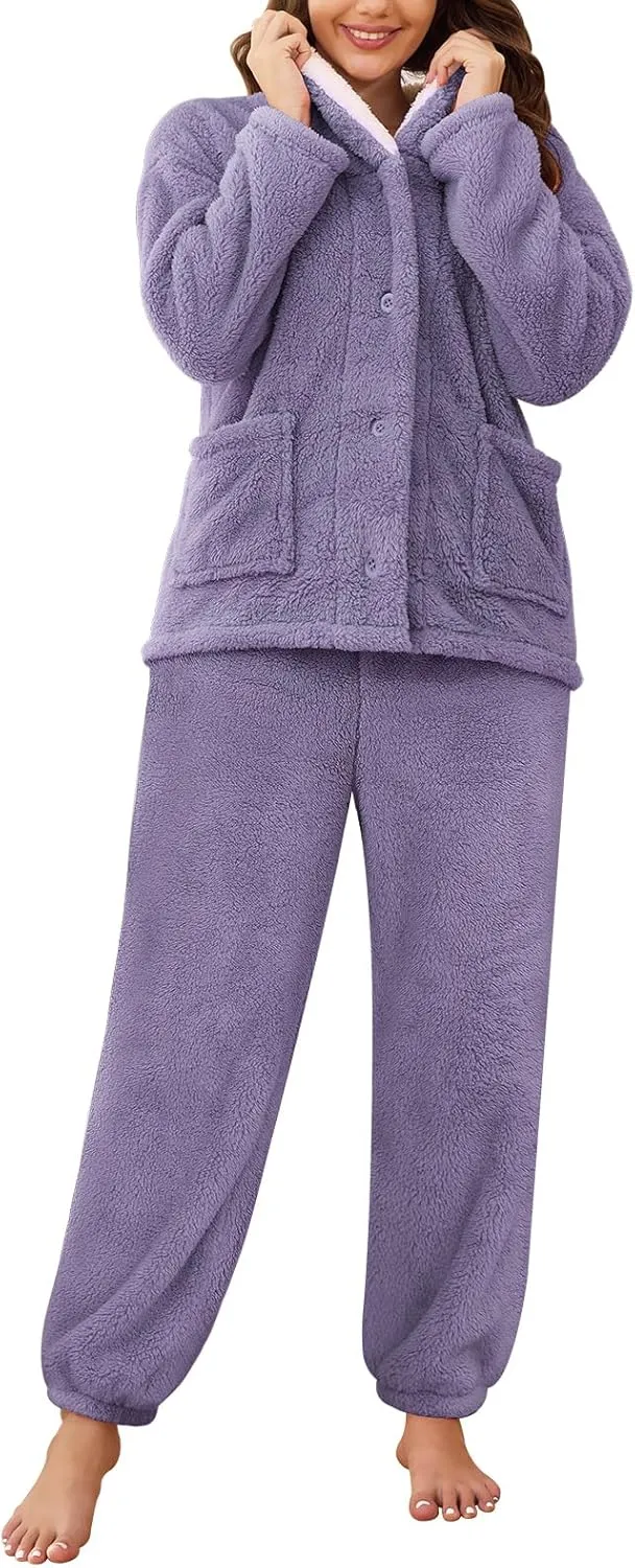 Fluffy Pajamas Set for Women Fleece Pjs Sets Button Down Sleepwear Pullover Fuzzy Pants Winter Plush Loungewear