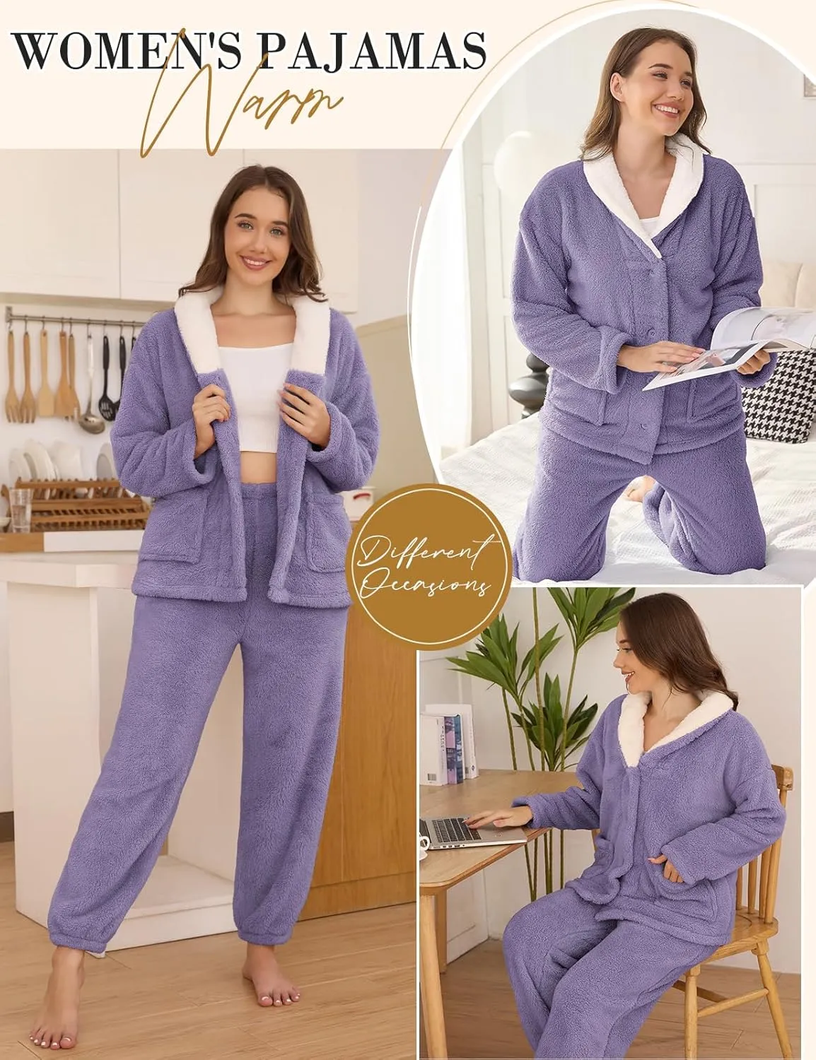 Fluffy Pajamas Set for Women Fleece Pjs Sets Button Down Sleepwear Pullover Fuzzy Pants Winter Plush Loungewear
