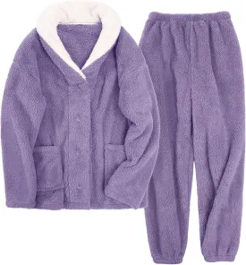 Fluffy Pajamas Set for Women Fleece Pjs Sets Button Down Sleepwear Pullover Fuzzy Pants Winter Plush Loungewear