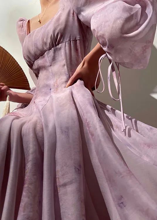 FLYTONN- French Purple Square Collar Patchwork Chiffon Dress Lantern Sleeve XX098