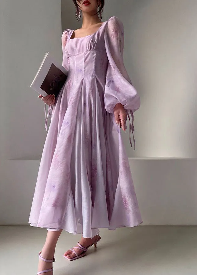 FLYTONN- French Purple Square Collar Patchwork Chiffon Dress Lantern Sleeve XX098