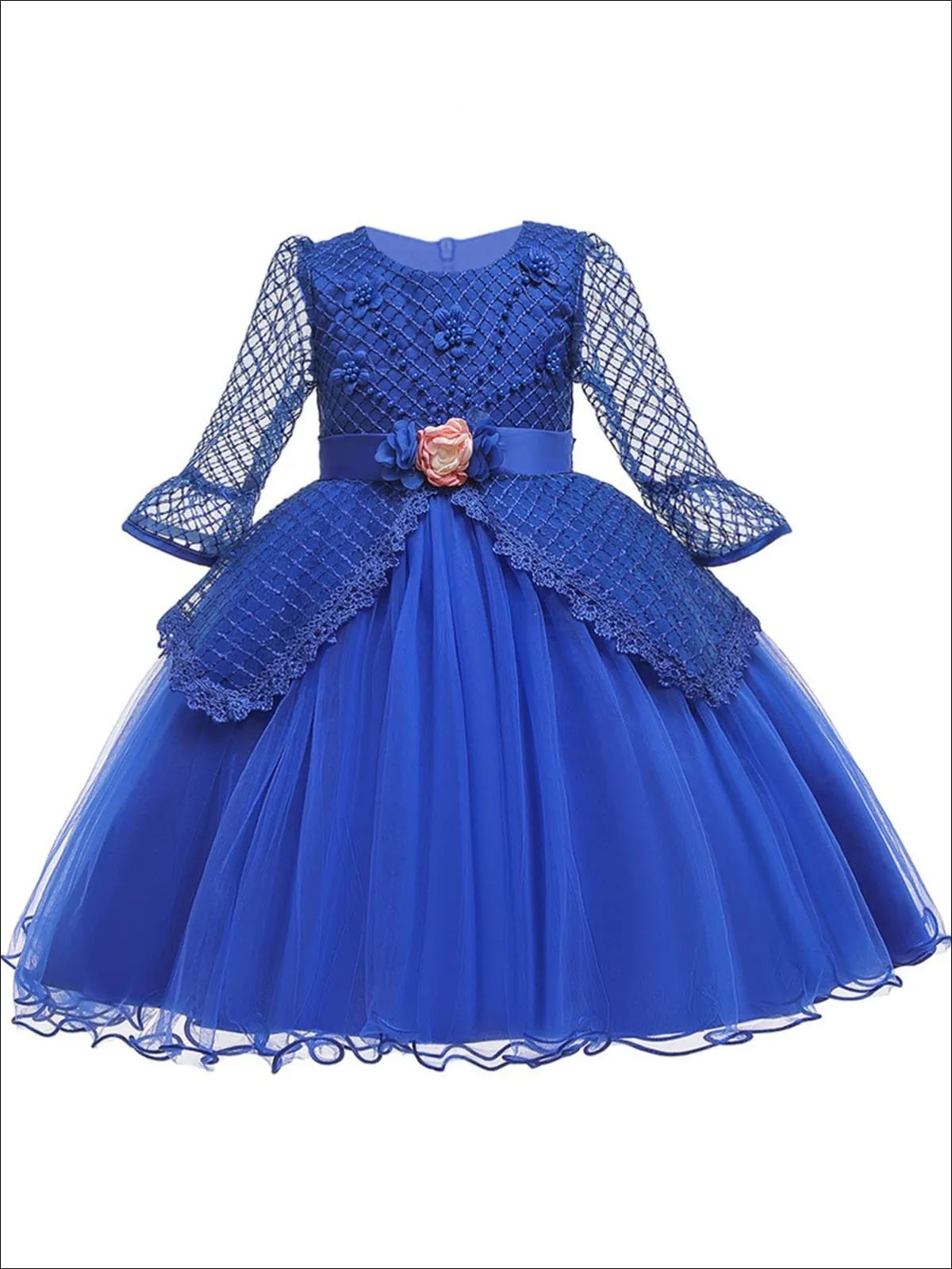 Girls Long Sleeve Lace Princess Holiday Dress With Flower Sash