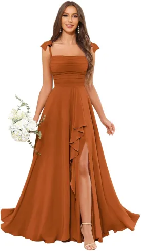 GUKARLEED Womens Long Bridesmaid Dresses Wrap Ruffles Chiffon Scoop Neck Slit A-line Wedding Guest Formal Dress with Pockets