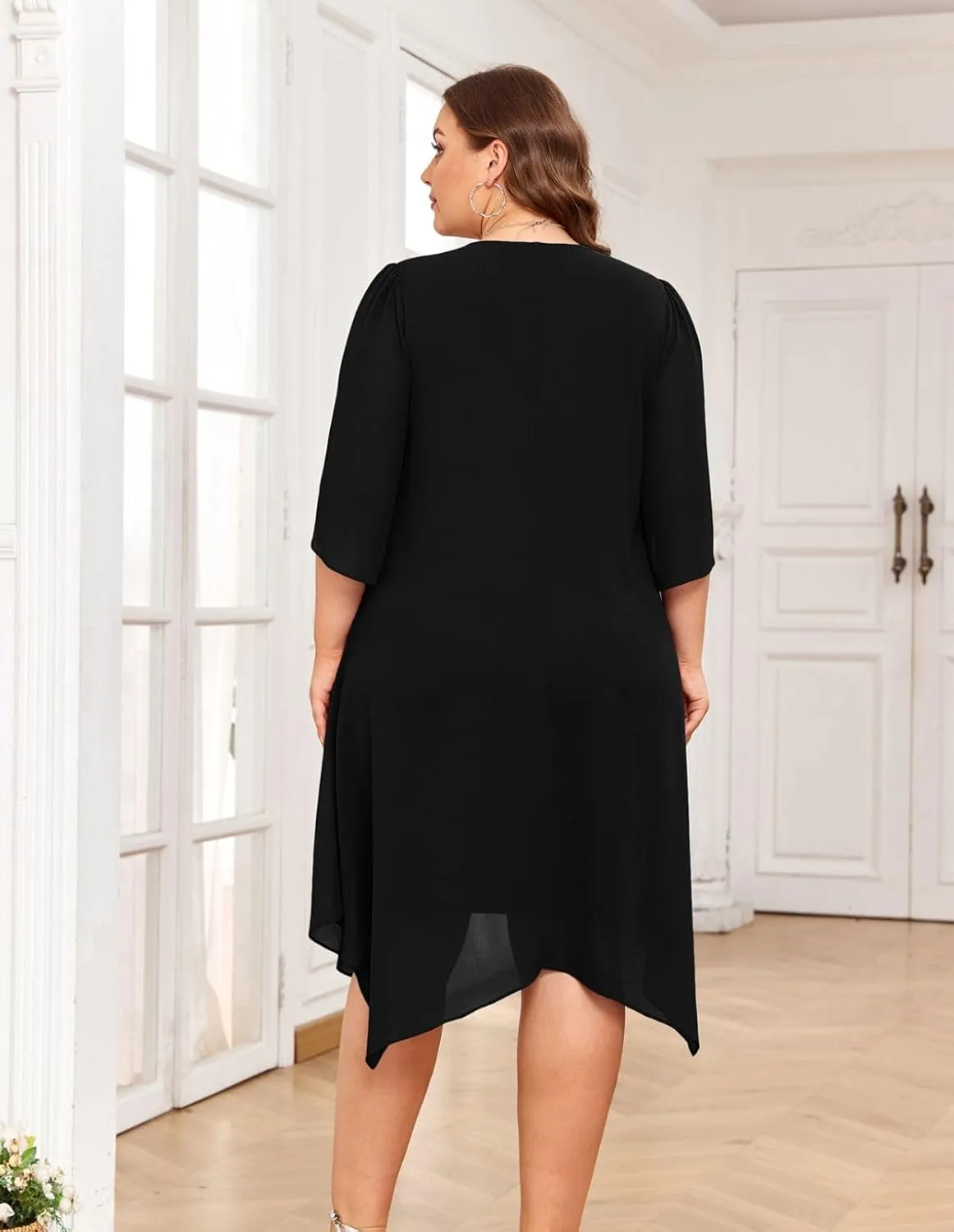 Hanna Nikole Plus Size Chiffon Dress 3/4 Sleeve Flowy Cocktail Party Midi Dresses