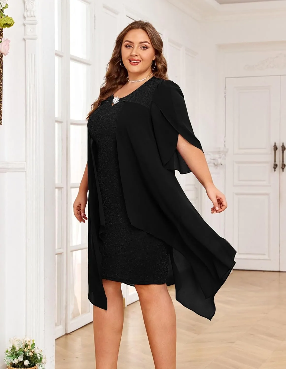 Hanna Nikole Plus Size Chiffon Dress 3/4 Sleeve Flowy Cocktail Party Midi Dresses