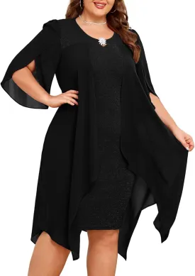 Hanna Nikole Plus Size Chiffon Dress 3/4 Sleeve Flowy Cocktail Party Midi Dresses