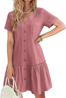 HOTOUCH Women Button Down Dress Loose Summer Cotton Linen Dress Ruffle Hem Casual Dress Short Sleeve Tunic Dress