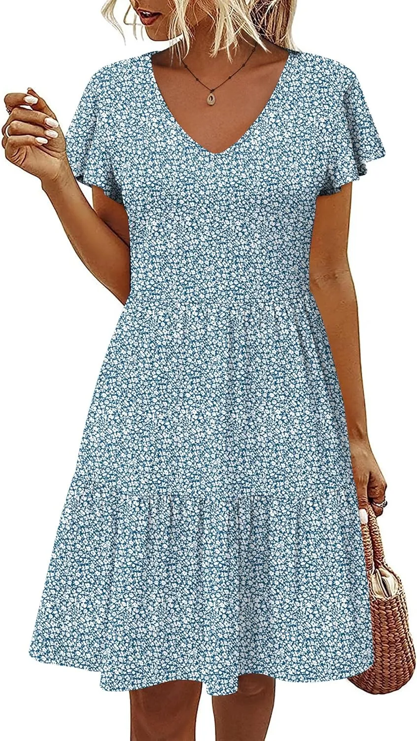 HOTOUCH Women's Casual Tiered Dress with Pockets V Neck Ruffle Dress Cap Sleeve Swing Mini Dress A-Line Dresses