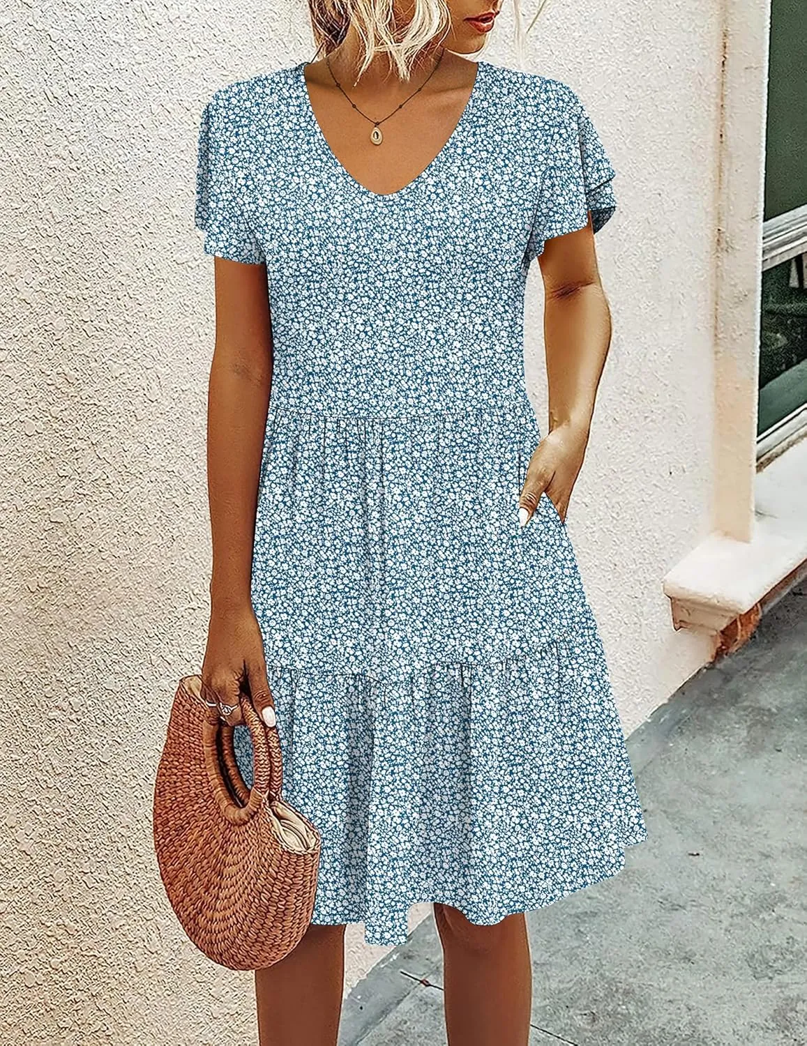 HOTOUCH Women's Casual Tiered Dress with Pockets V Neck Ruffle Dress Cap Sleeve Swing Mini Dress A-Line Dresses