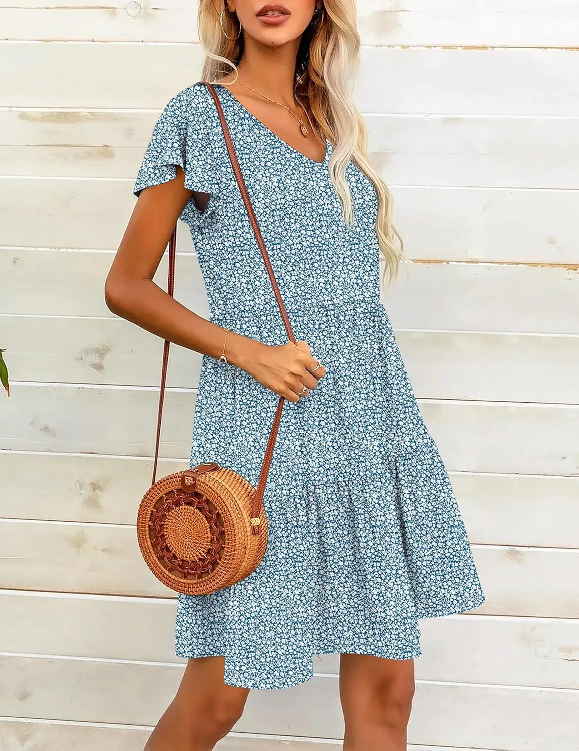 HOTOUCH Women's Casual Tiered Dress with Pockets V Neck Ruffle Dress Cap Sleeve Swing Mini Dress A-Line Dresses