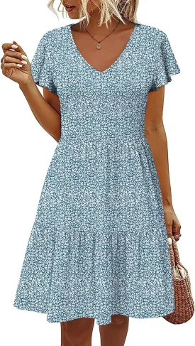HOTOUCH Women's Casual Tiered Dress with Pockets V Neck Ruffle Dress Cap Sleeve Swing Mini Dress A-Line Dresses