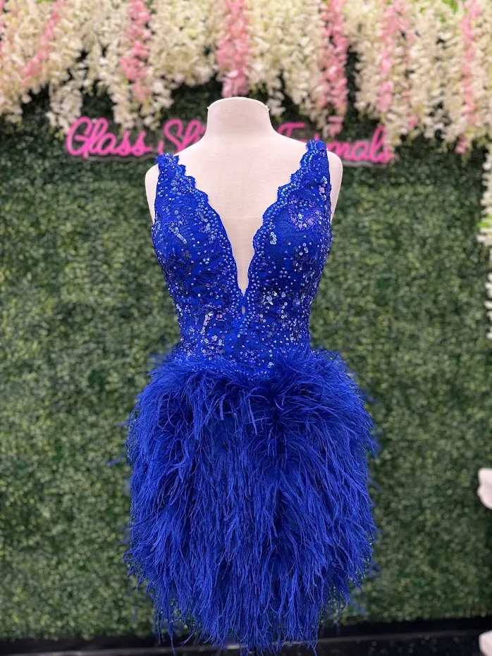 Johnathan Kayne 2314 size 10 Royal  Cocktail Dress Lace V Neckline Full Feather Short Skirt