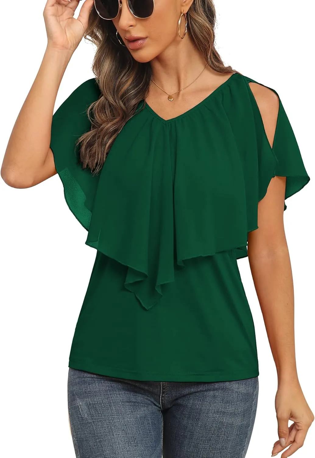 Jouica Woman's Summer Cold Shoulder Chiffon Tank Tops Sleeveless Ruffled Flowy Blouse for Women