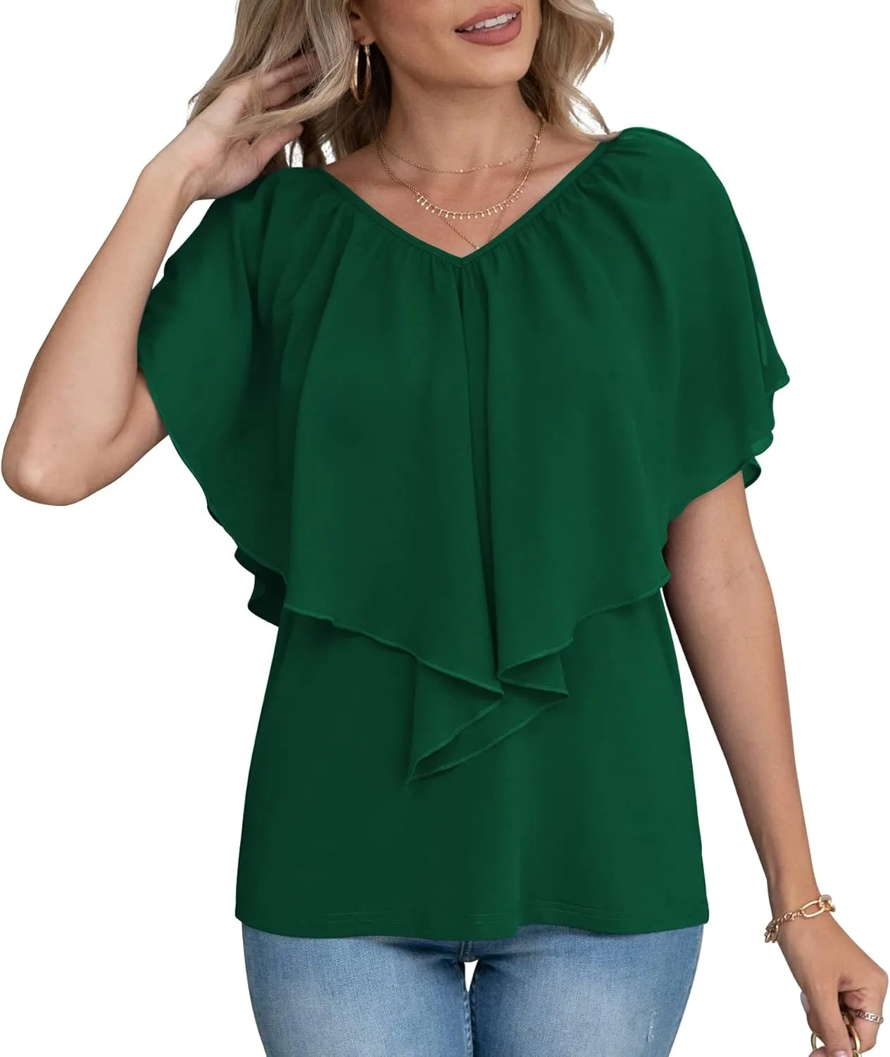 Jouica Woman's Summer Cold Shoulder Chiffon Tank Tops Sleeveless Ruffled Flowy Blouse for Women