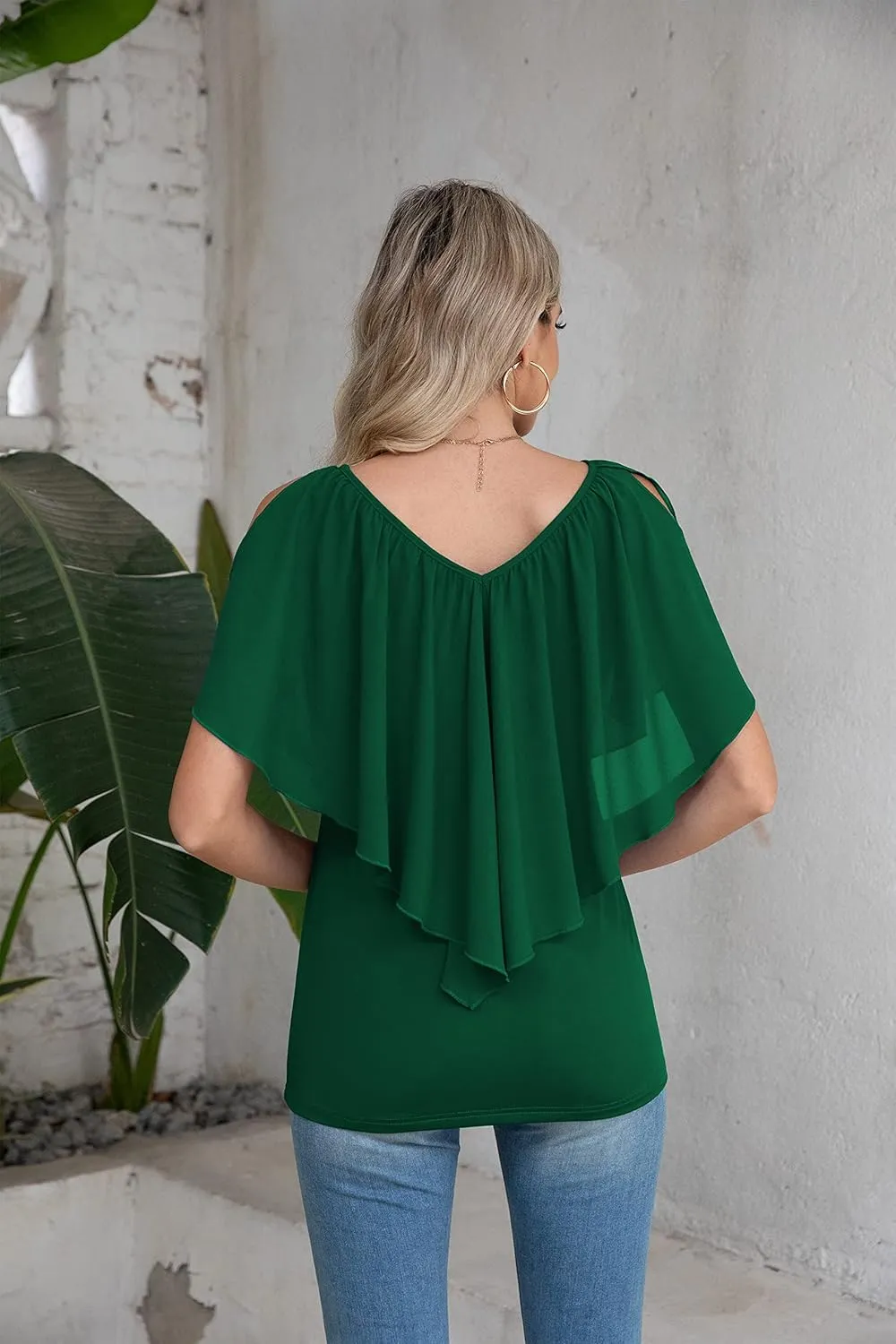 Jouica Woman's Summer Cold Shoulder Chiffon Tank Tops Sleeveless Ruffled Flowy Blouse for Women