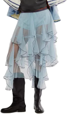 KMBANGI Womens Mesh Lace Long Skirt Asymmetrical Layered Ruffle Maxi Skirts Flowy Y2k See Through Midi Skirt Summer