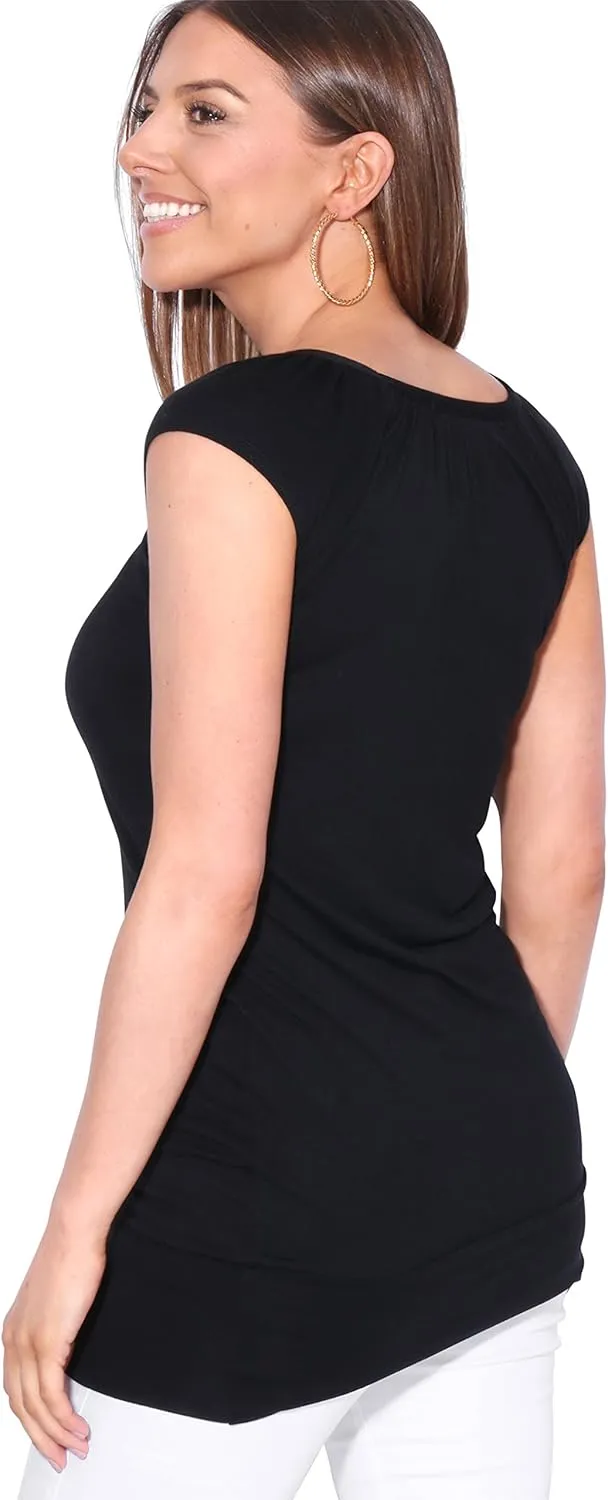 KRISP Womens Loose T-Shirt Long Top Casual Short Sleeve Banded Hem Plus Size Tunic Top V-Neck