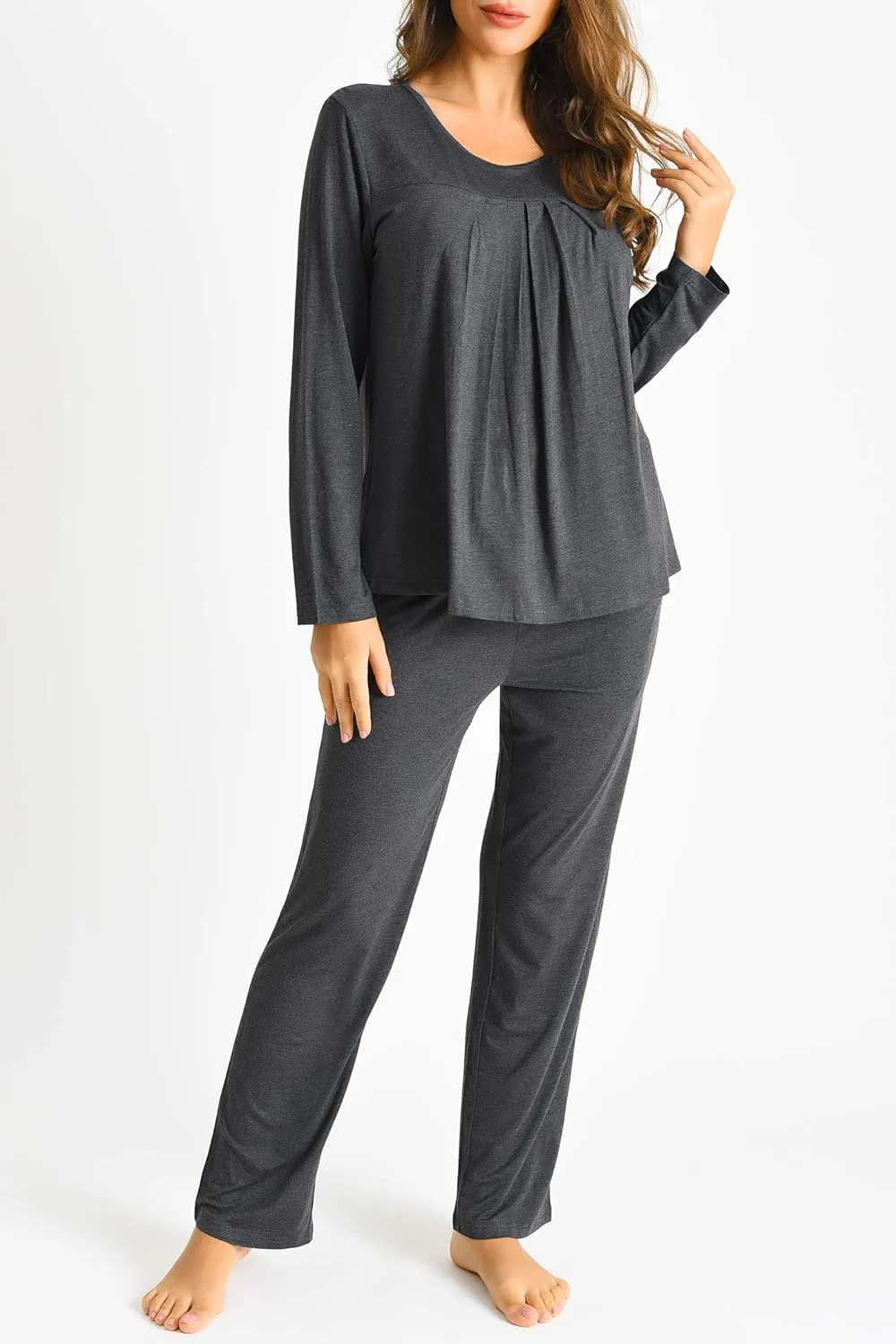 Latuza Women's Long Sleeves Pleated Front Tops Pajamas Pants with Pockets
