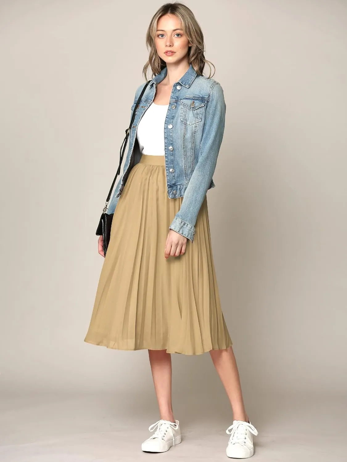 Made By Johnny Women's High Elastic Waist Pleated Mid A-Line Swing Skirt