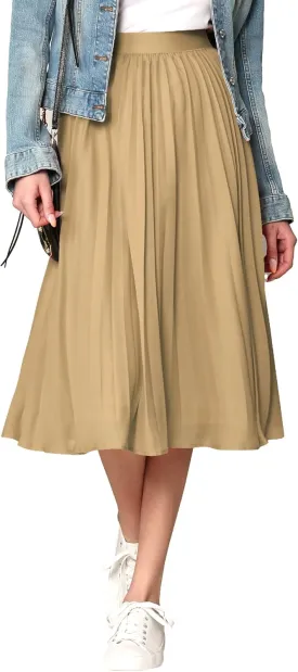 Made By Johnny Women's High Elastic Waist Pleated Mid A-Line Swing Skirt