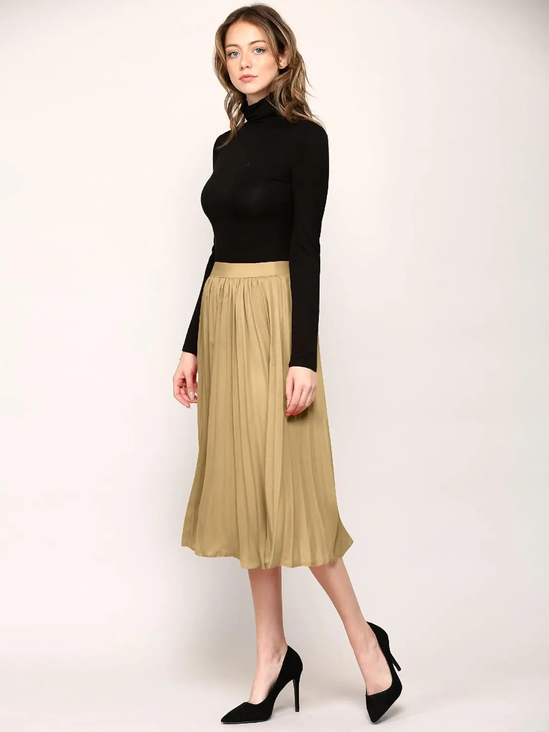 Made By Johnny Women's High Elastic Waist Pleated Mid A-Line Swing Skirt