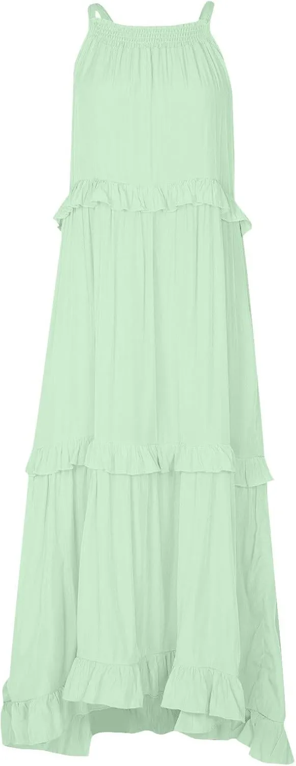 Maxi Dresses for Women 2025 Vacation Swing Flowy Tiered Dress Pretty Garden Halter Neck Long Smocked Ruffle Dresses