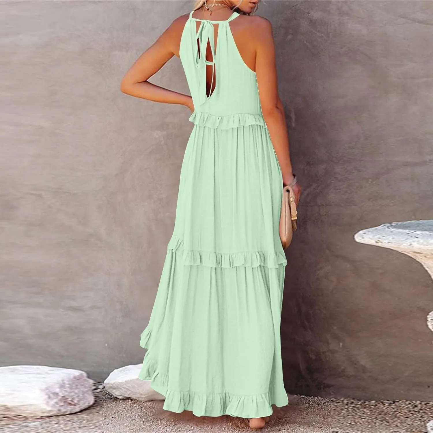 Maxi Dresses for Women 2025 Vacation Swing Flowy Tiered Dress Pretty Garden Halter Neck Long Smocked Ruffle Dresses