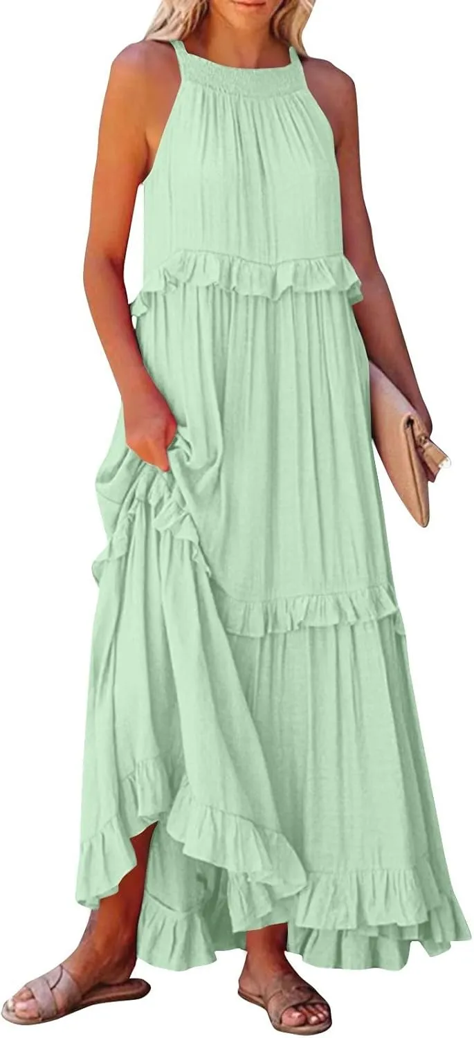 Maxi Dresses for Women 2025 Vacation Swing Flowy Tiered Dress Pretty Garden Halter Neck Long Smocked Ruffle Dresses