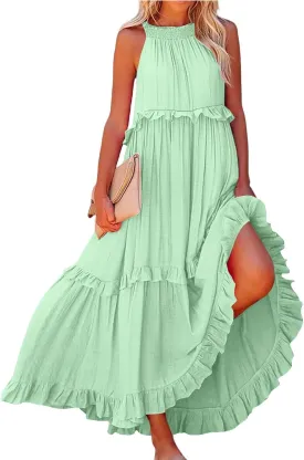 Maxi Dresses for Women 2025 Vacation Swing Flowy Tiered Dress Pretty Garden Halter Neck Long Smocked Ruffle Dresses