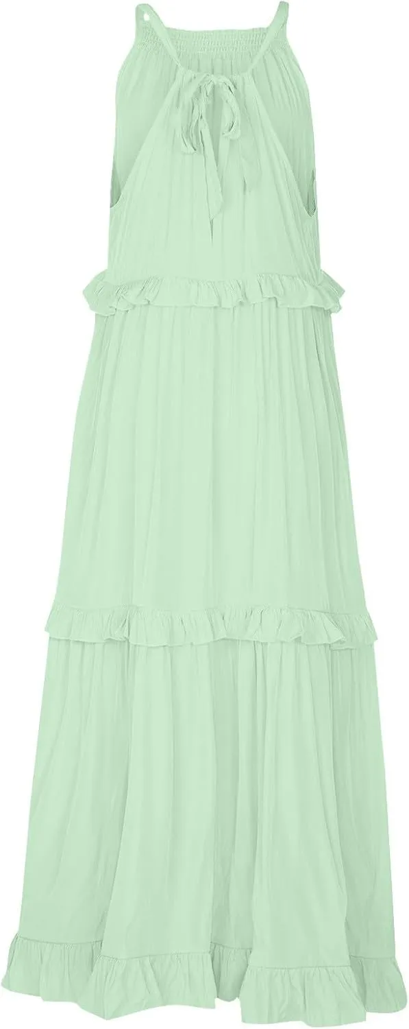 Maxi Dresses for Women 2025 Vacation Swing Flowy Tiered Dress Pretty Garden Halter Neck Long Smocked Ruffle Dresses